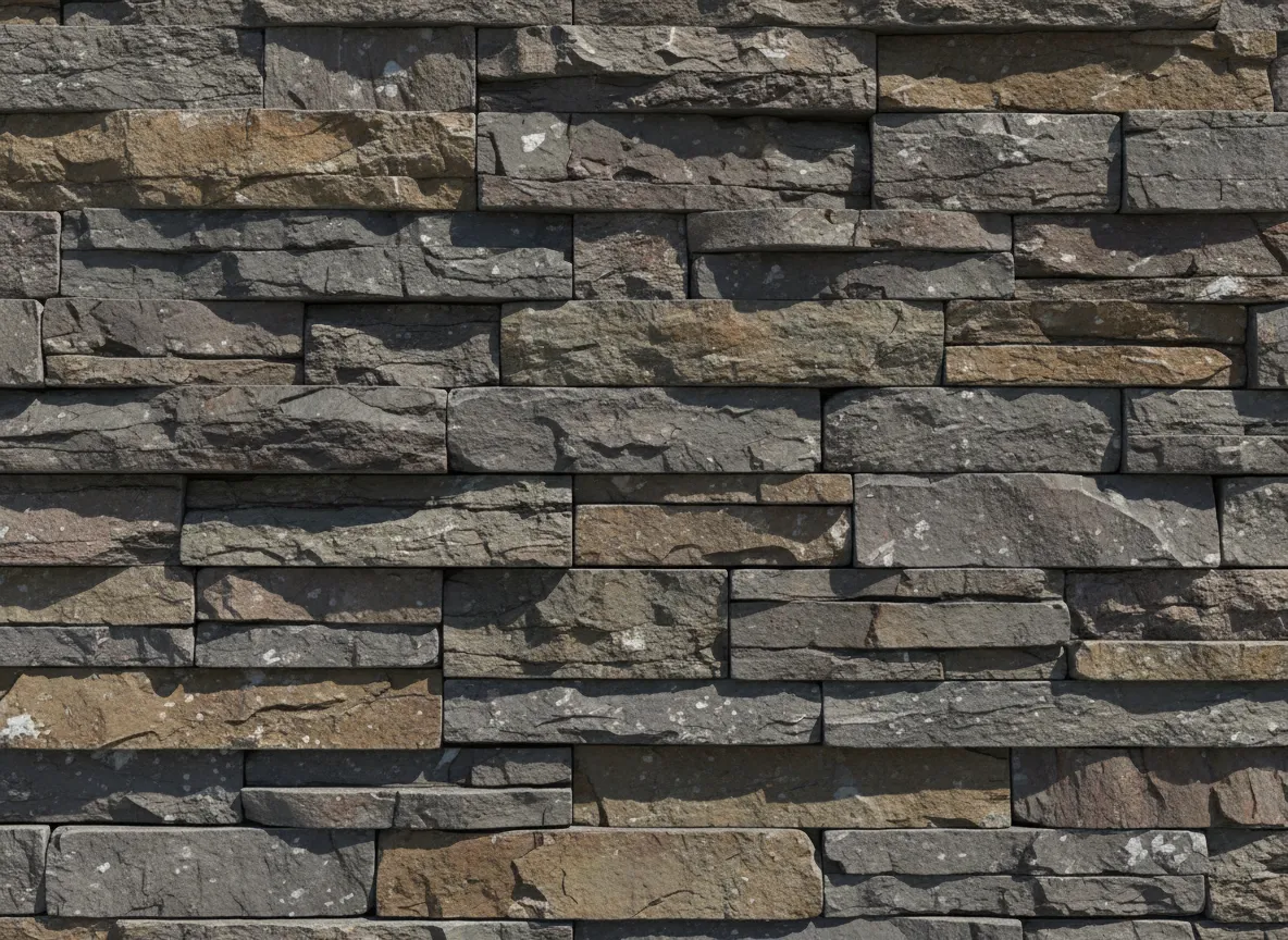 एक स्टैक्ड स्टोन विनियर दीवार की क्लोज-अप AI रेंडरिंग, जो पत्थरों के बीच विस्तृत बनावट, ग्राउट लाइनों और यथार्थवादी छाया को उजागर करती है।