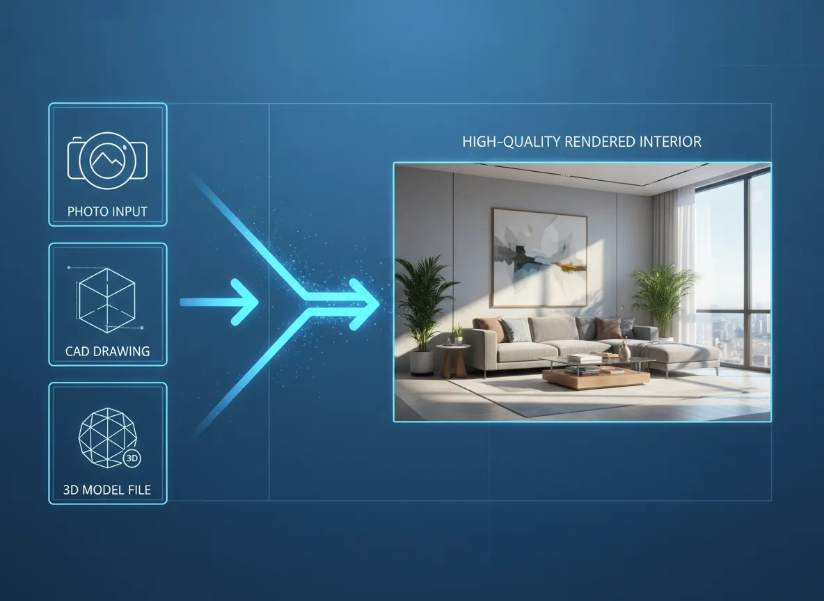 एक एनिमेटेड ग्रिड जिसमें विभिन्न इनपुट प्रकार जैसे फोटो, CAD ड्राइंग, और 3D मॉडल फ़ाइल आइकन दिखाए गए हैं, जो सभी एक इंटीरियर की उच्च-गुणवत्ता वाली रेंडर की गई छवि की ओर इशारा कर रहे हैं।