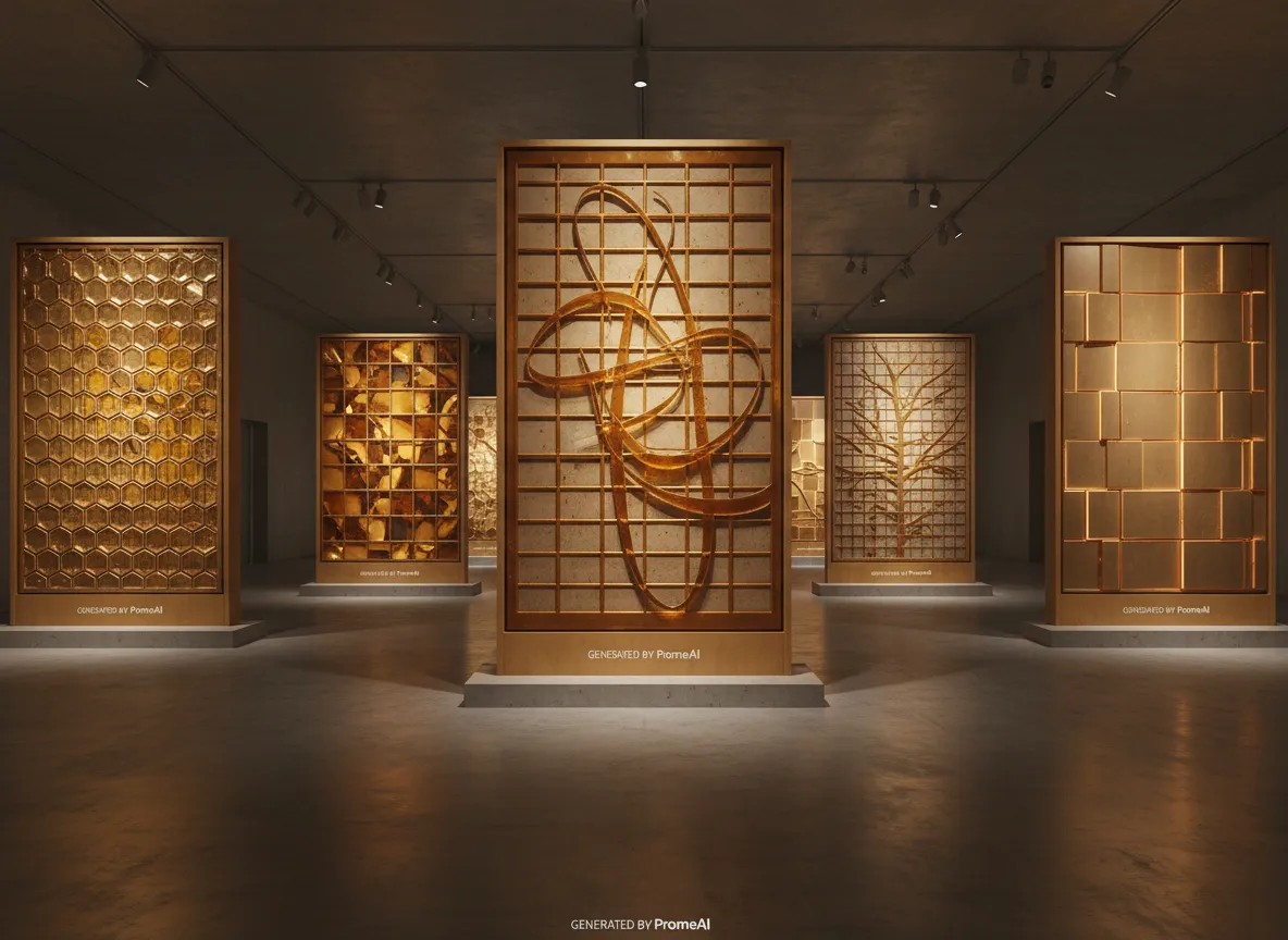 Eine Galerie verschiedener Variationen des bernsteinfarbenen Stahlgitters, die unterschiedliche Musterdichten und Oberflächen zeigen, alle von PromeAI generiert.