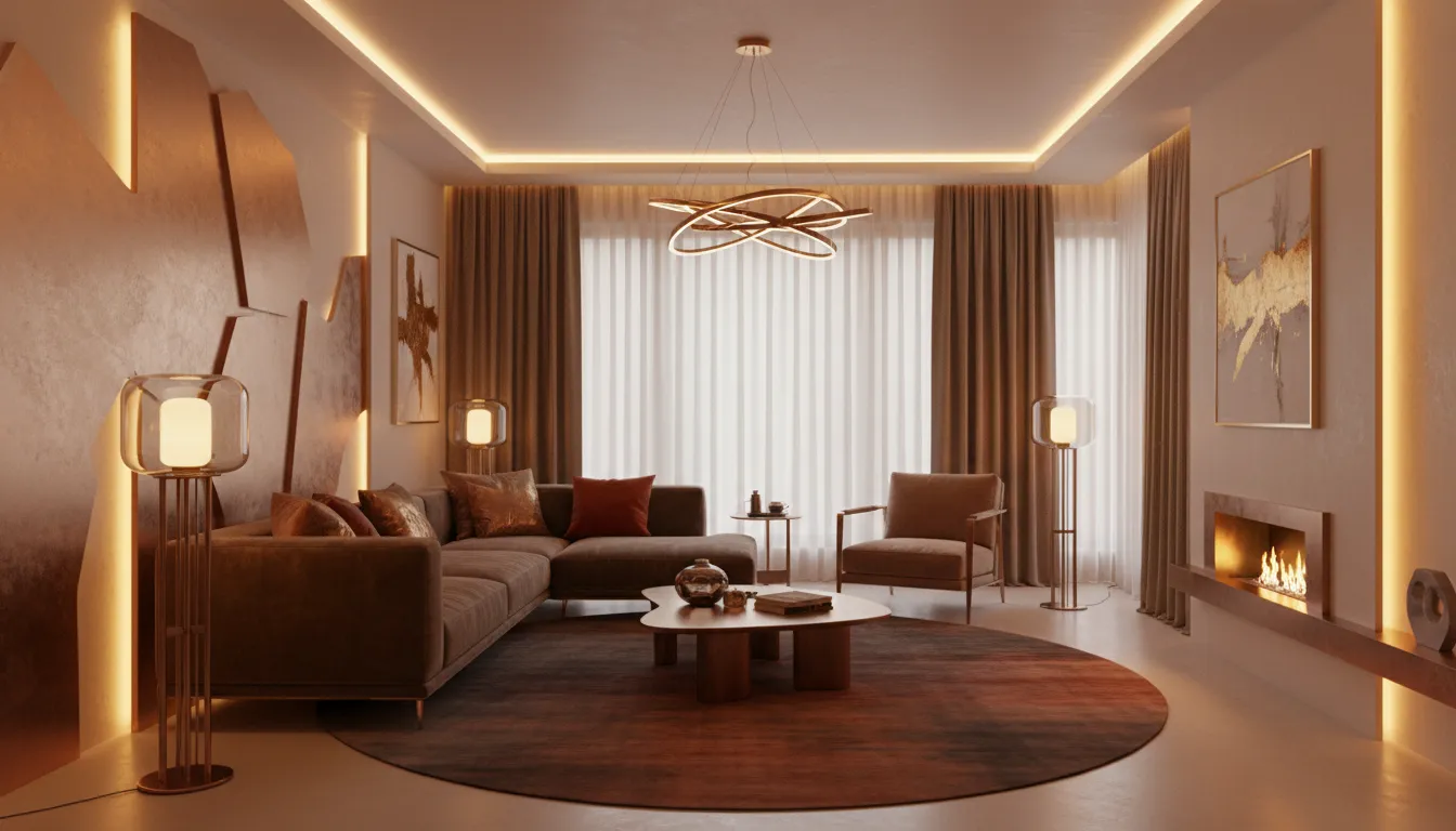 Fotorealistisches Rendering eines modernen Wohnzimmers mit dem PromeAI Bronze-Glanz-Effekt, warmer Umgebungsbeleuchtung und gebürsteten Bronzearmaturen.