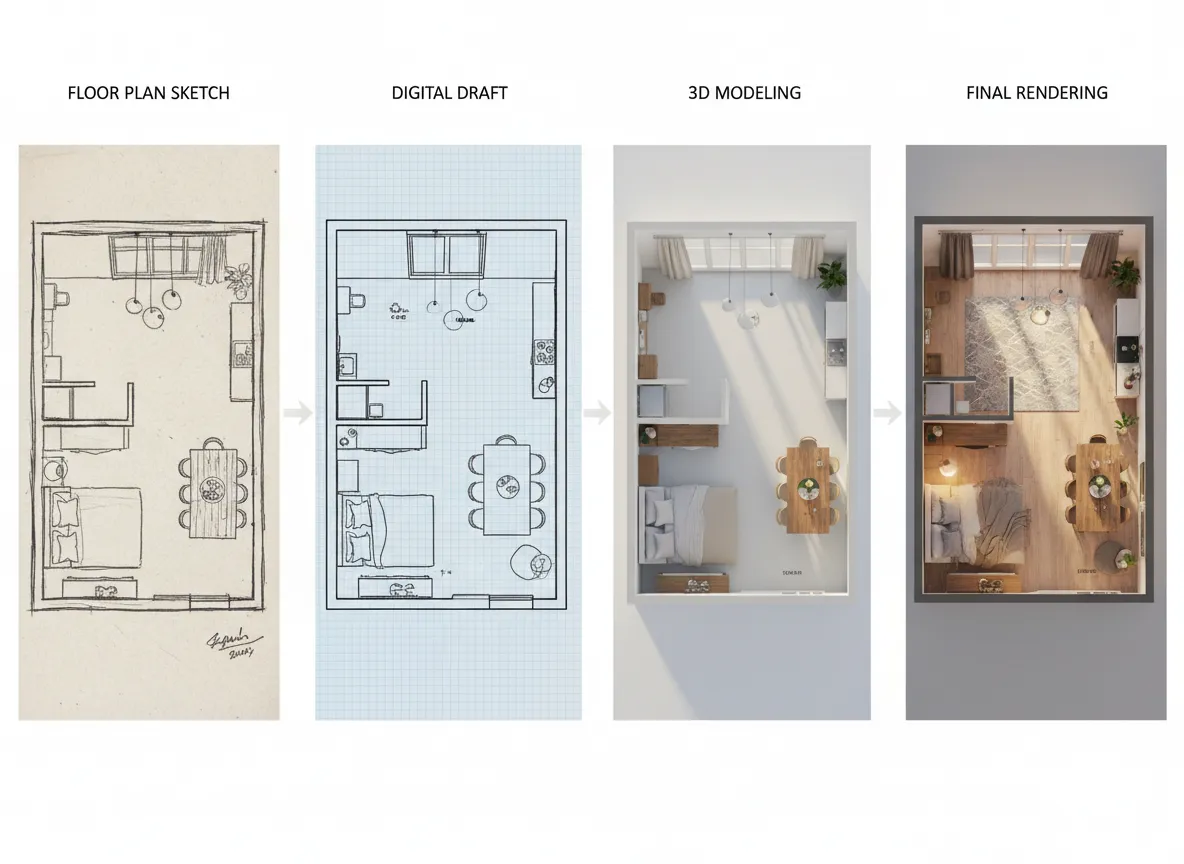 एक टाइम-लैप्स सीक्वेंस ग्राफिक जो एक साधारण फ़्लोर प्लान स्केच को पूरी तरह से सुसज्जित और रोशन इंटीरियर रेंडरिंग में विकसित होते हुए दिखा रहा है।