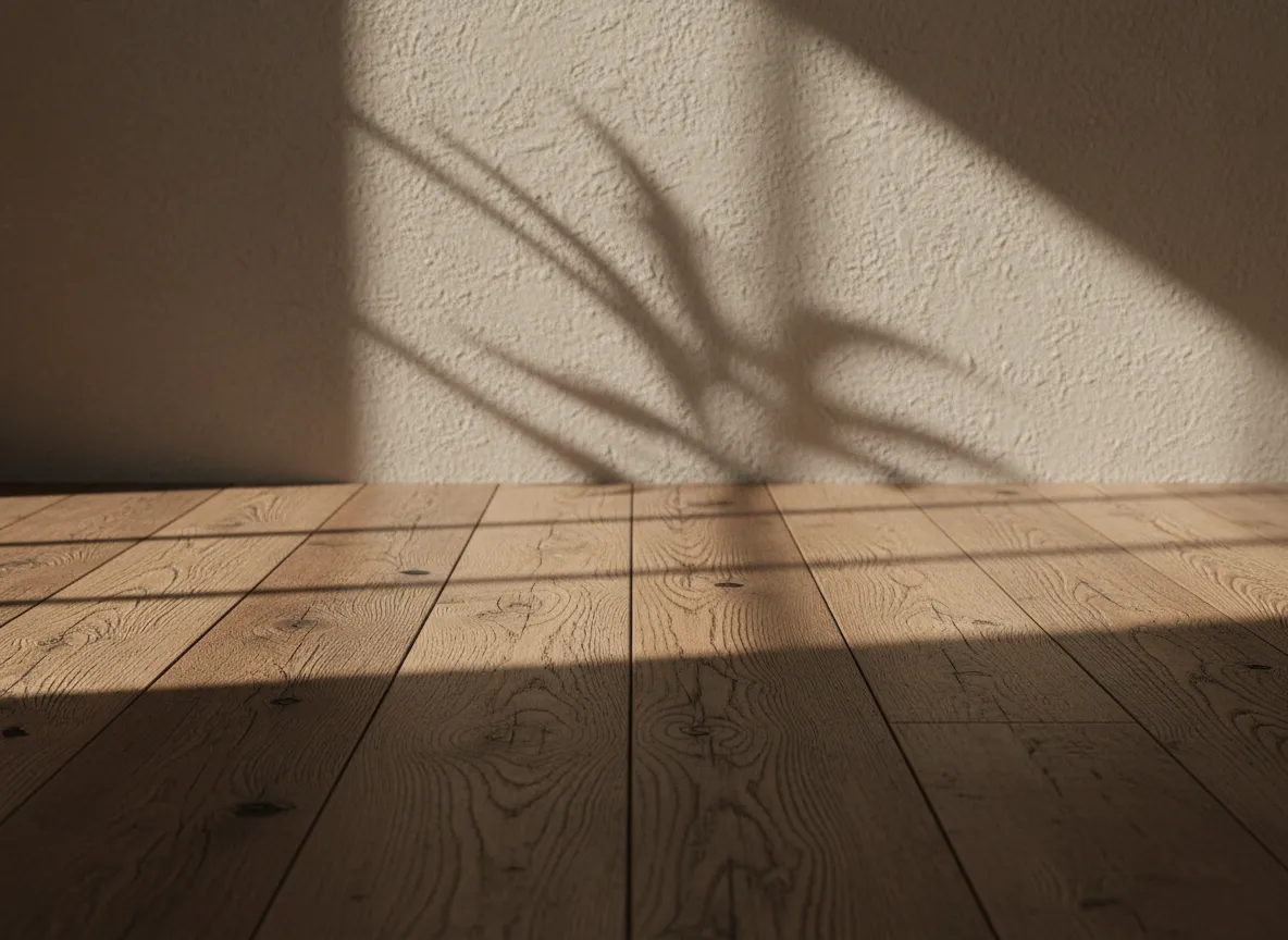 AI-जनित इंटीरियर का एक विस्तृत क्लोज-अप जो लकड़ी के फर्श और बनावट वाली दीवार पर यथार्थवादी प्रकाश और छाया का खेल दिखा रहा है।