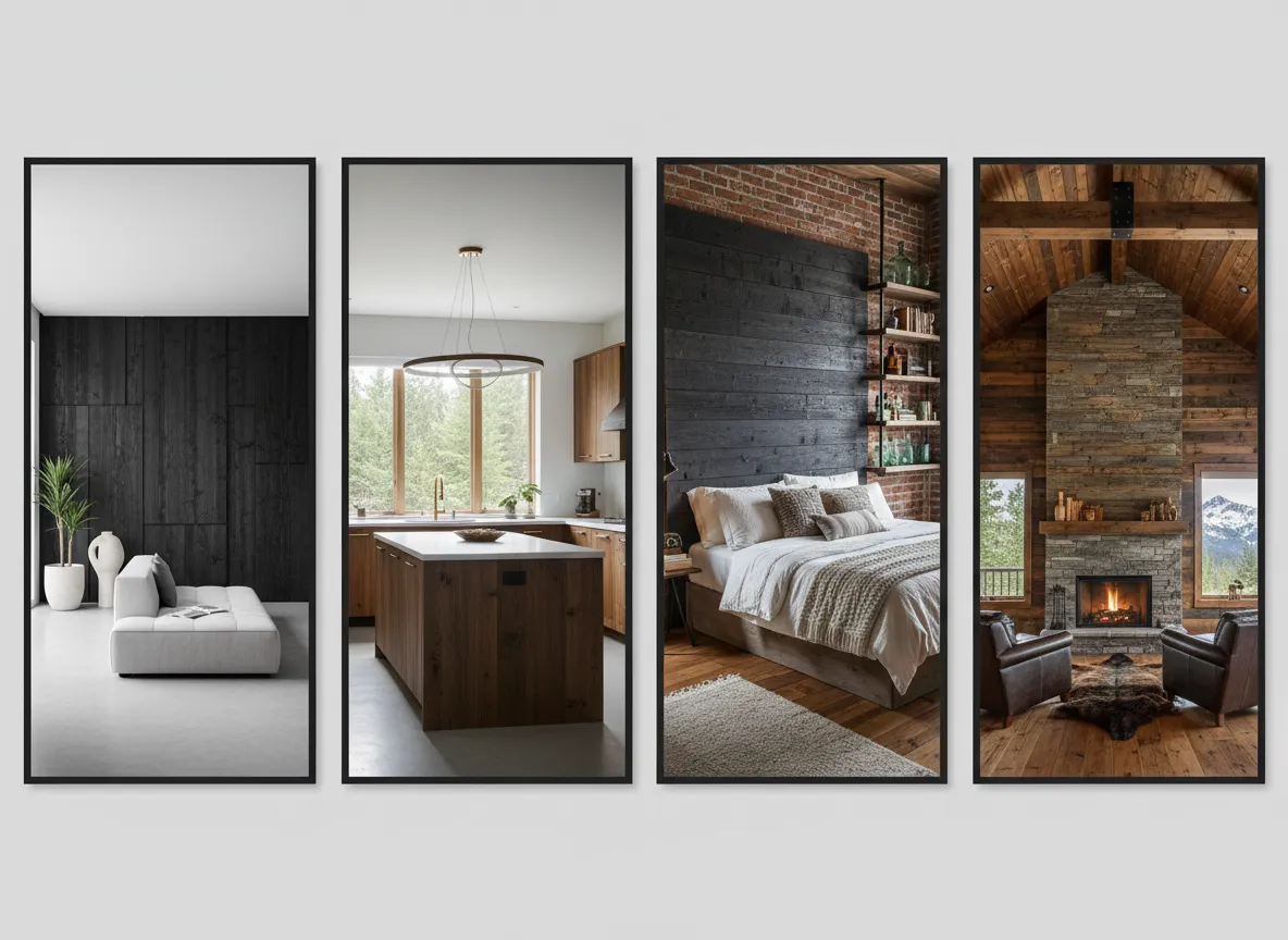 A gallery of four different interior design concepts, all featuring Shou Sugi Ban in styles from minimalist to rustic.