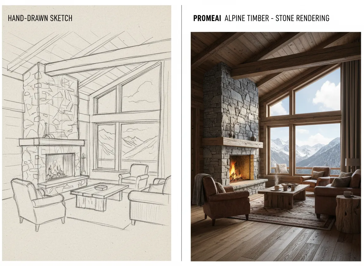 Ein direkter Vergleich, der eine einfache handgezeichnete Skizze eines Raumes und PromeAIs detailliertes alpines Holz-Stein-Rendering desselben Raumes zeigt.