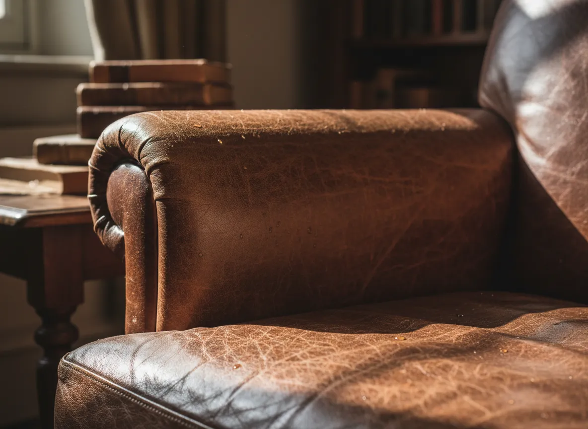 Nahaufnahme eines Ledersessels, die die hyperrealistische Textur der Maserung und das Spiel von Licht und Schatten auf seiner Oberfläche hervorhebt.
