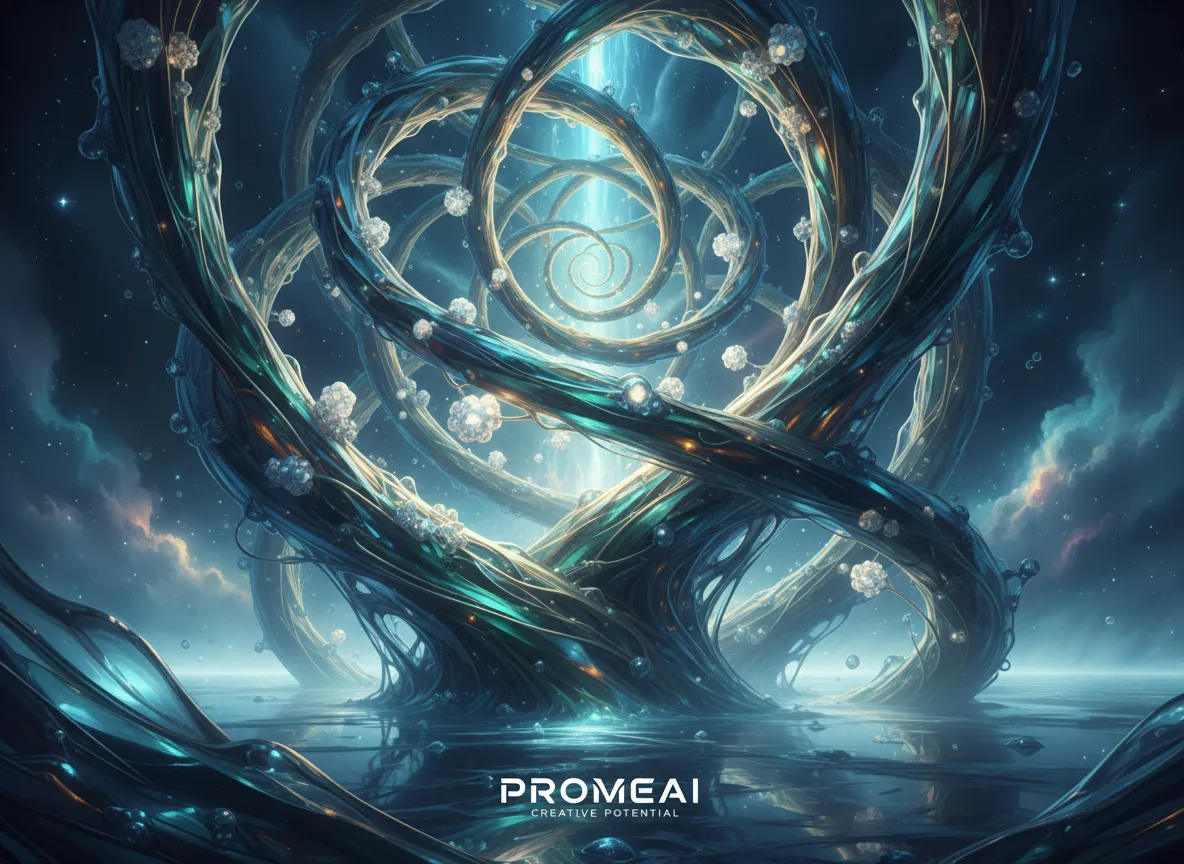 ऑर्गेनिक, बहते हुए रूपों और चमकती रोशनी के साथ एक अमूर्त आर्किटेक्चरल विज़ुअलाइज़ेशन, जो PromeAI की रचनात्मक क्षमता को प्रदर्शित करता है।