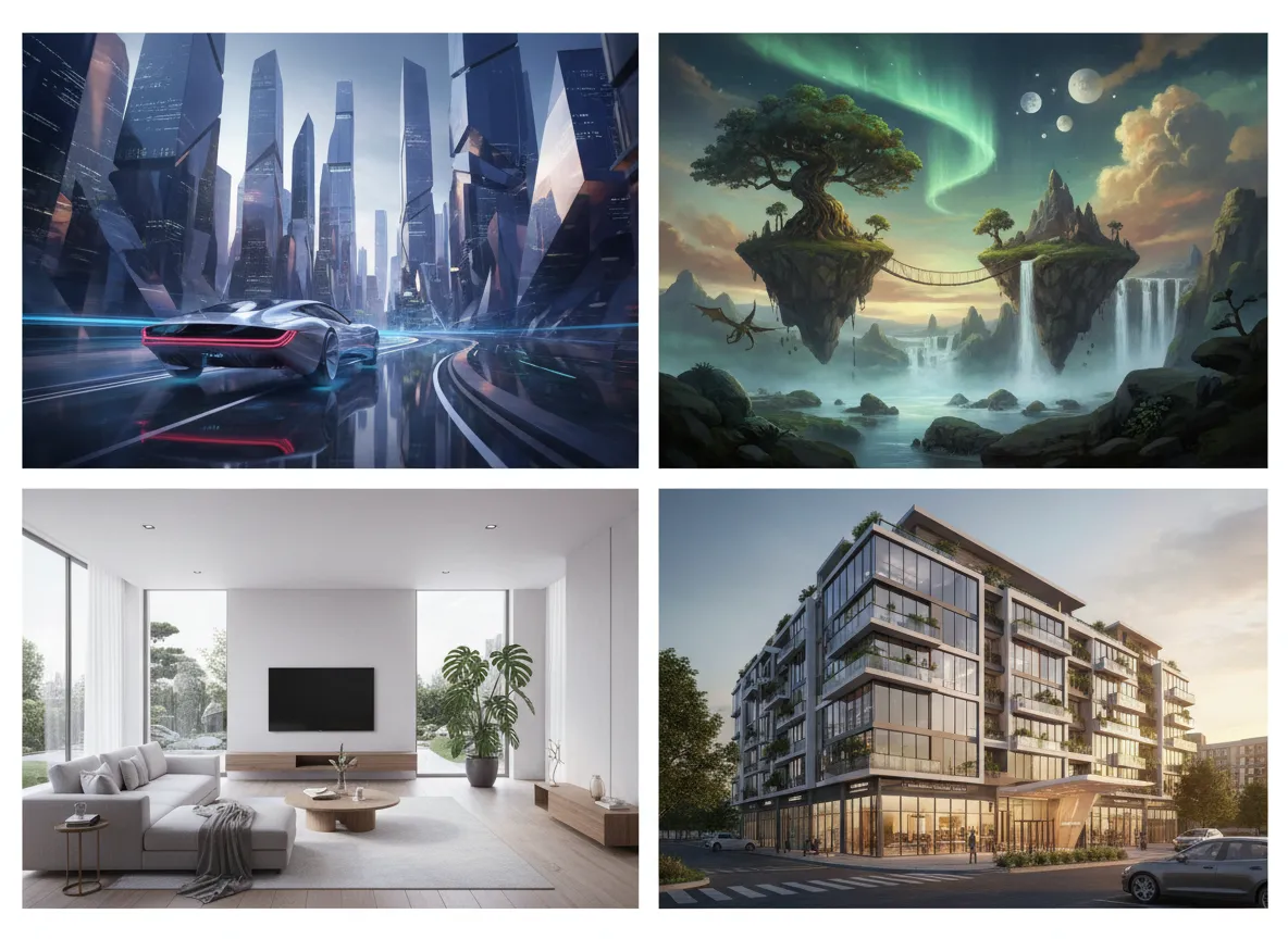 विविध रेंडरिंग का एक कोलाज: एक भविष्य की कार, एक फंतासी परिदृश्य, एक मिनिमलिस्ट लिविंग रूम, और एक व्यावसायिक इमारत का बाहरी हिस्सा।