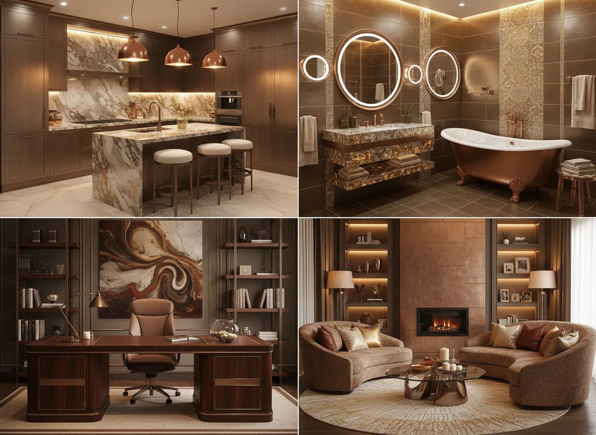 Ein Raster aus vier verschiedenen Inneneinrichtungen – eine Küche, ein Badezimmer, ein Büro und ein Wohnzimmer –, die alle durchgängig eine wunderschöne Bronze-Glanz-Ästhetik aufweisen, erstellt mit PromeAI.