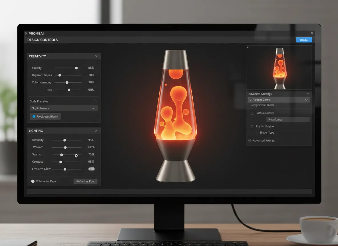 PromeAI इंटरफ़ेस का स्क्रीनशॉट जो एक लावा लाइट डिजाइन के लिए रचनात्मकता और प्रकाश व्यवस्था की उन्नत सेटिंग्स को समायोजित करते हुए दिखाता है।