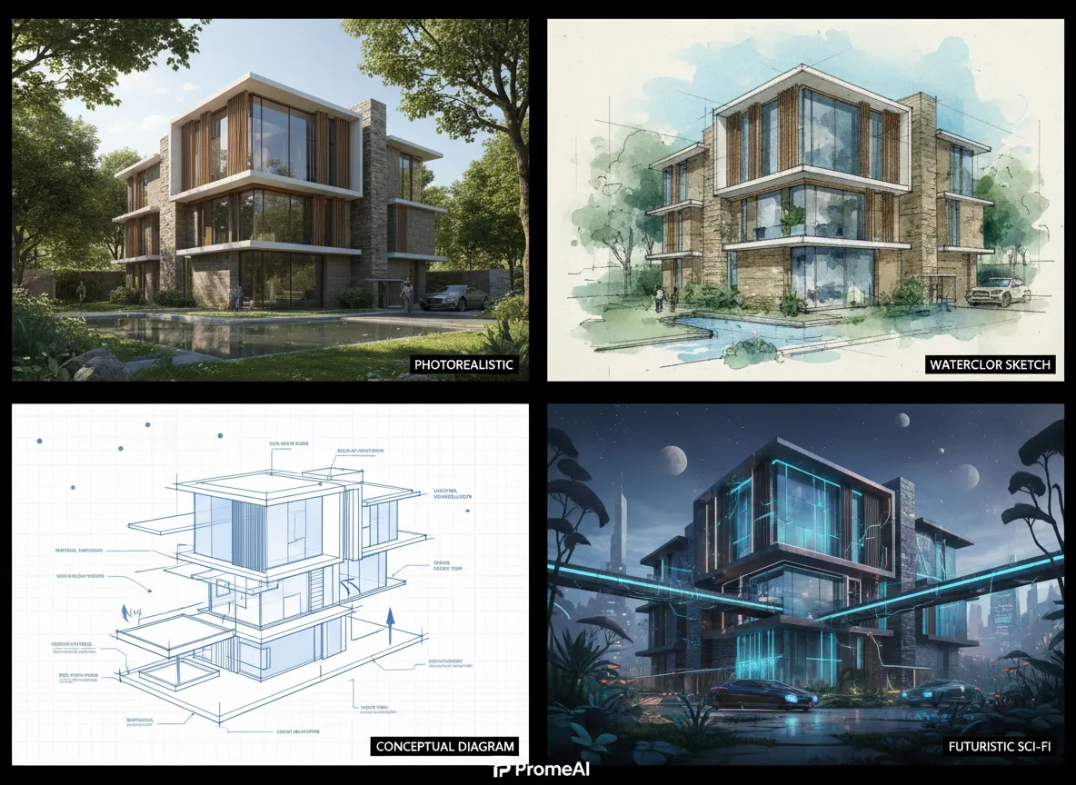 Eine Collage aus vier verschiedenen Architektur-Rendering-Stilen für ein einzelnes Wohngebäude, die die stilistische Vielseitigkeit von PromeAI zeigt.