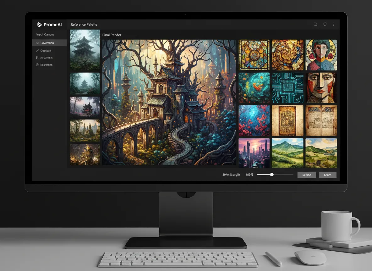 PromeAI में एक डिज़ाइनर का डैशबोर्ड जो रेफरेंस इमेज के पैलेट के बगल में एक लाइन ड्राइंग दिखा रहा है, जिसमें अंतिम रेंडर ड्राइंग के लिए एक आदर्श स्टाइल ट्रांसफर प्रदर्शित करता है।