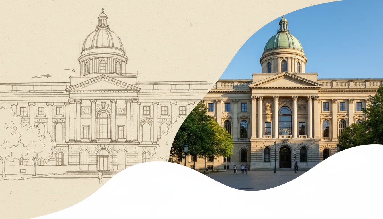 एआई-जनरेटेड छवि जिसमें हाथ से बनाया गया एक वास्तुशिल्प स्केच एक फोटोरियलिस्टिक बिल्डिंग रेंडरिंग में सहजता से बदलता हुआ दिखाया गया है।