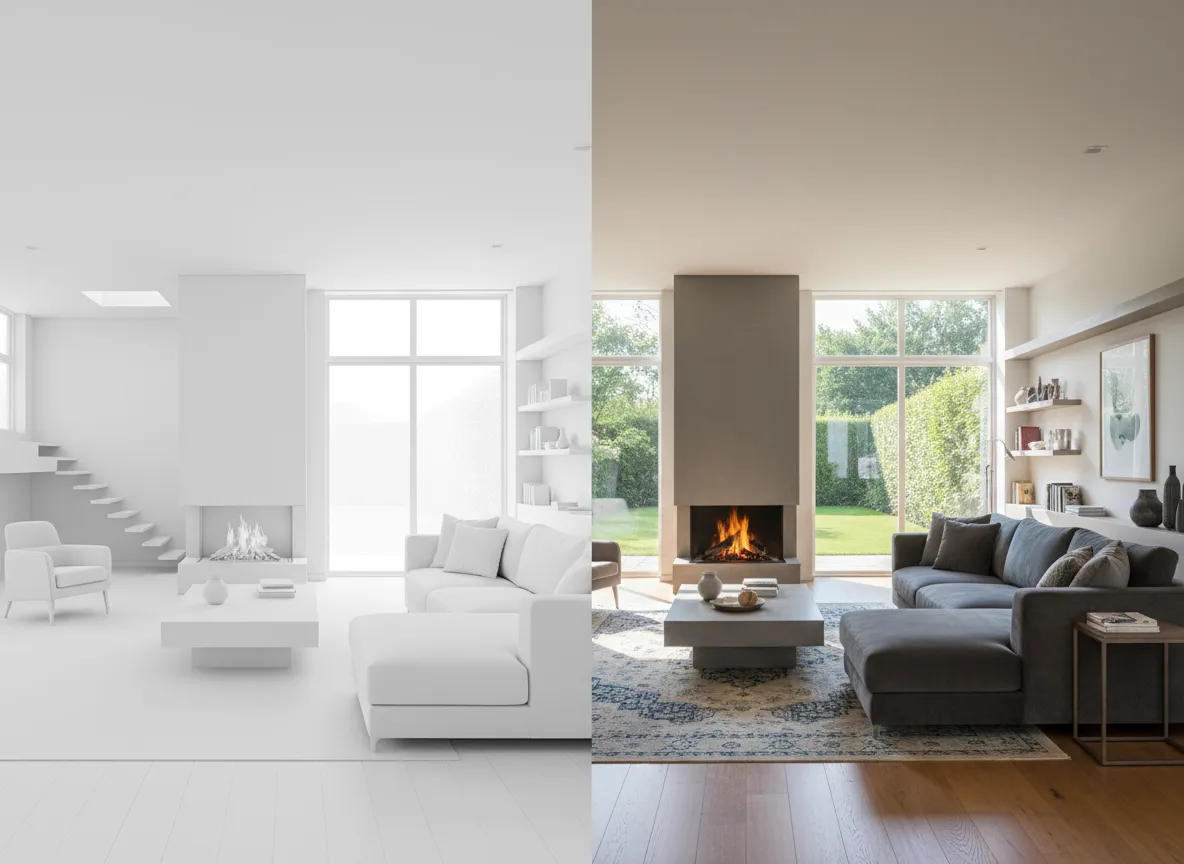 Ein geteiltes Bild, das auf der einen Seite ein schlichtes weißes 3D-Modell eines Hausinnenraums und auf der anderen eine vollständig gerenderte, fotorealistische Version zeigt.