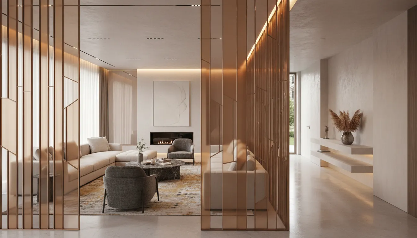 Ein luxuriöses, modernes Wohnzimmer mit einer beeindruckenden, raumhohen, halbtransparenten Metall-Abschirmung mit einem weichen Bronze-Transparenz-Effekt, die den Sitzbereich von einem Flur trennt.