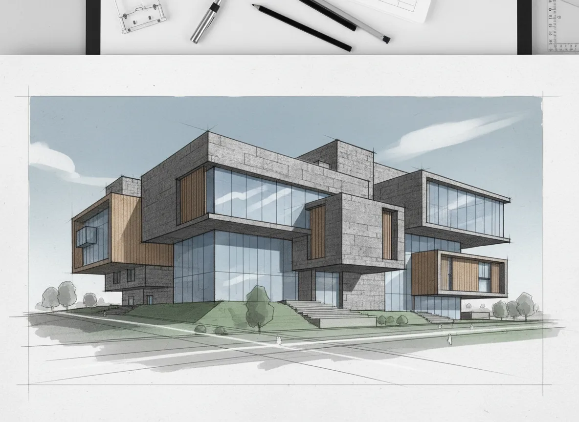 Eine Skizze des Äußeren eines Gebäudes, die in ein fotorealistisches Rendering umgewandelt wurde und Konzepte der architektonischen Gliederung zeigt.