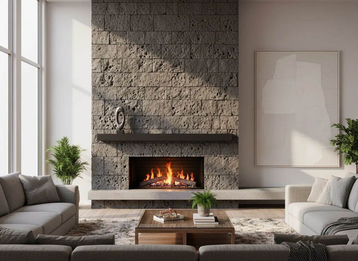 एक आधुनिक लिविंग रूम फायरप्लेस का 3D रेंडर जिसमें एक यथार्थवादी, खुरदरी बेसाल्ट टेक्सचर सतह है जो स्वाभाविक रूप से प्रकाश को पकड़ती है।