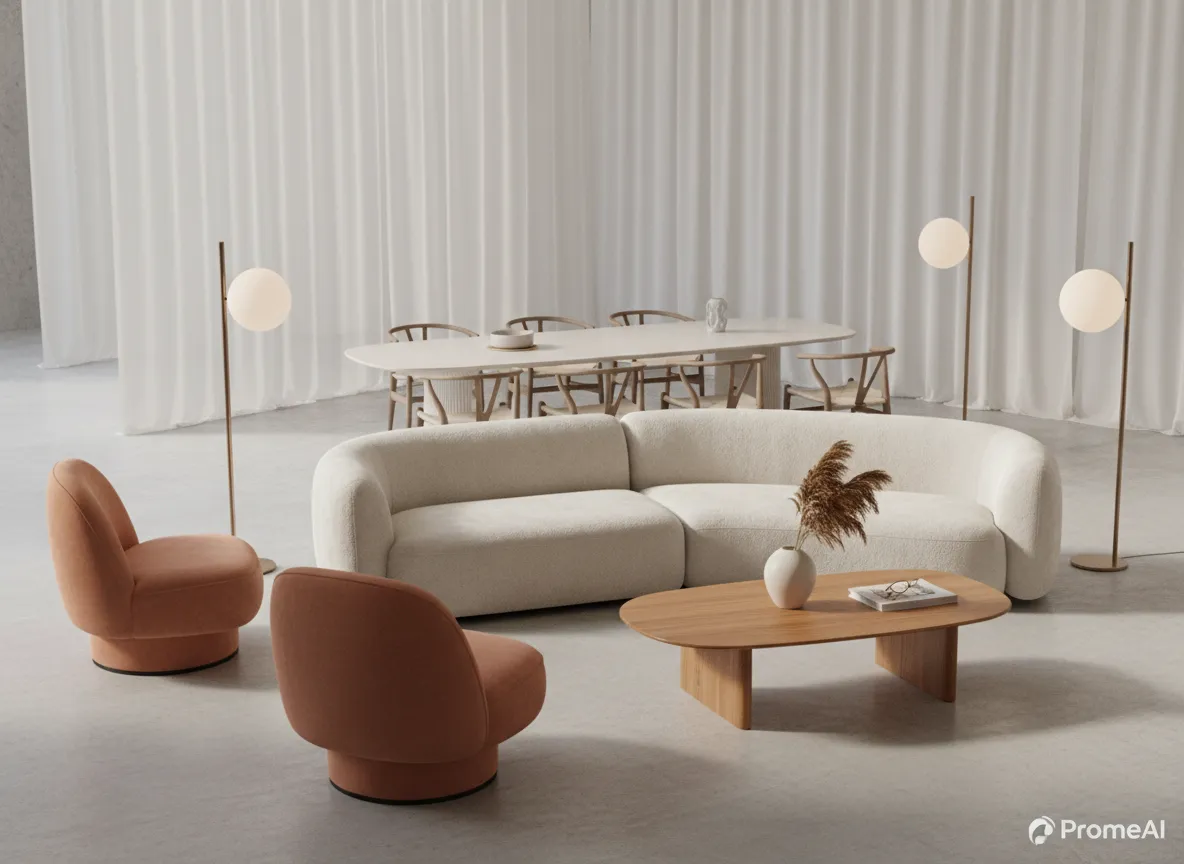 Eine Collage verschiedener fotorealistischer Möbelstücke mit sanften Kurven – Sofas, Stühle, Tische und Lampen – alle mit PromeAI generiert.