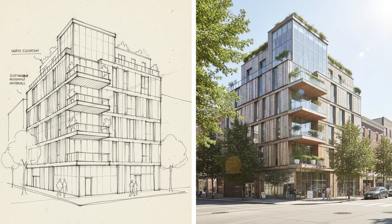 एक स्प्लिट-स्क्रीन इमेज जिसमें बाईं ओर हाथ से बनाया गया वास्तुशिल्प स्केच और दाईं ओर तैयार इमारत का फ़ोटोरीयलिस्टिक एआई रेंडरिंग दिखाया गया है।