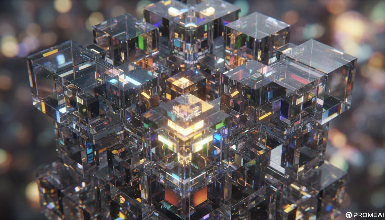 Eine hyperrealistische, komplexe Crystal Lattice-Struktur mit schillerndem Licht, das durch ihre geometrischen Muster bricht, erstellt mit PromeAI.