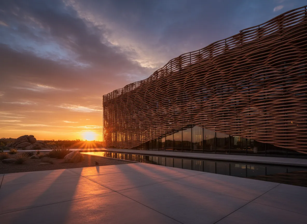 Ein Bild eines Gebäudes mit einem Keramikschleier bei Sonnenuntergang, das lange, dramatische Schatten über seine Fassade und den Boden wirft.