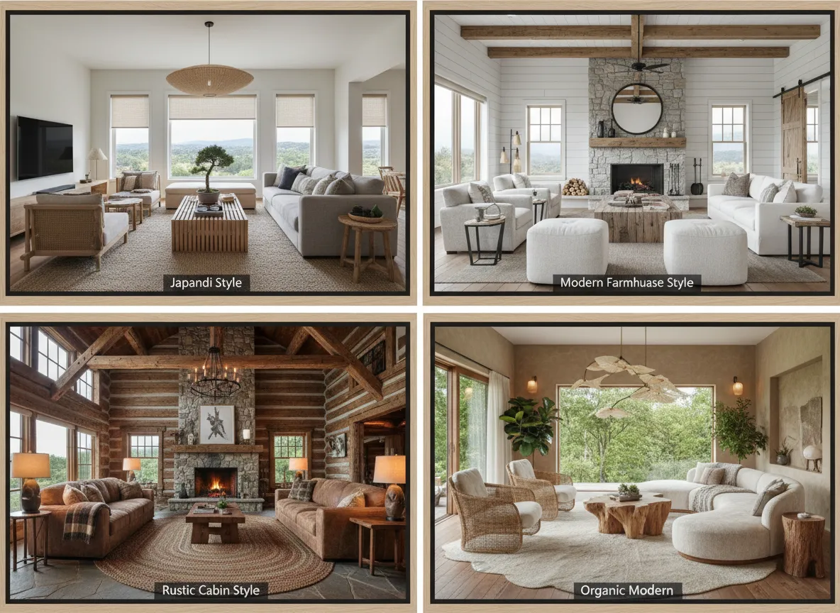 Una galleria di quattro immagini generate dall'IA, ognuna delle quali mostra la stessa disposizione del soggiorno in uno stile diverso: Japandi, casale moderno, baita rustica e organico moderno.