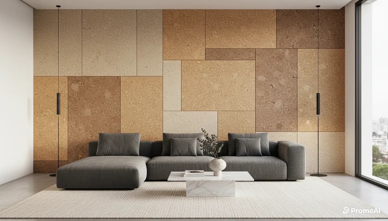 PromeAI द्वारा बनाया गया एक आधुनिक मिनिमलिस्ट लिविंग रूम का फ़ोटोरियलिस्टिक रेंडरिंग, जिसमें पुर्तगाली कॉर्क पैनल्स से बनी एक शानदार एक्सेंट दीवार है।