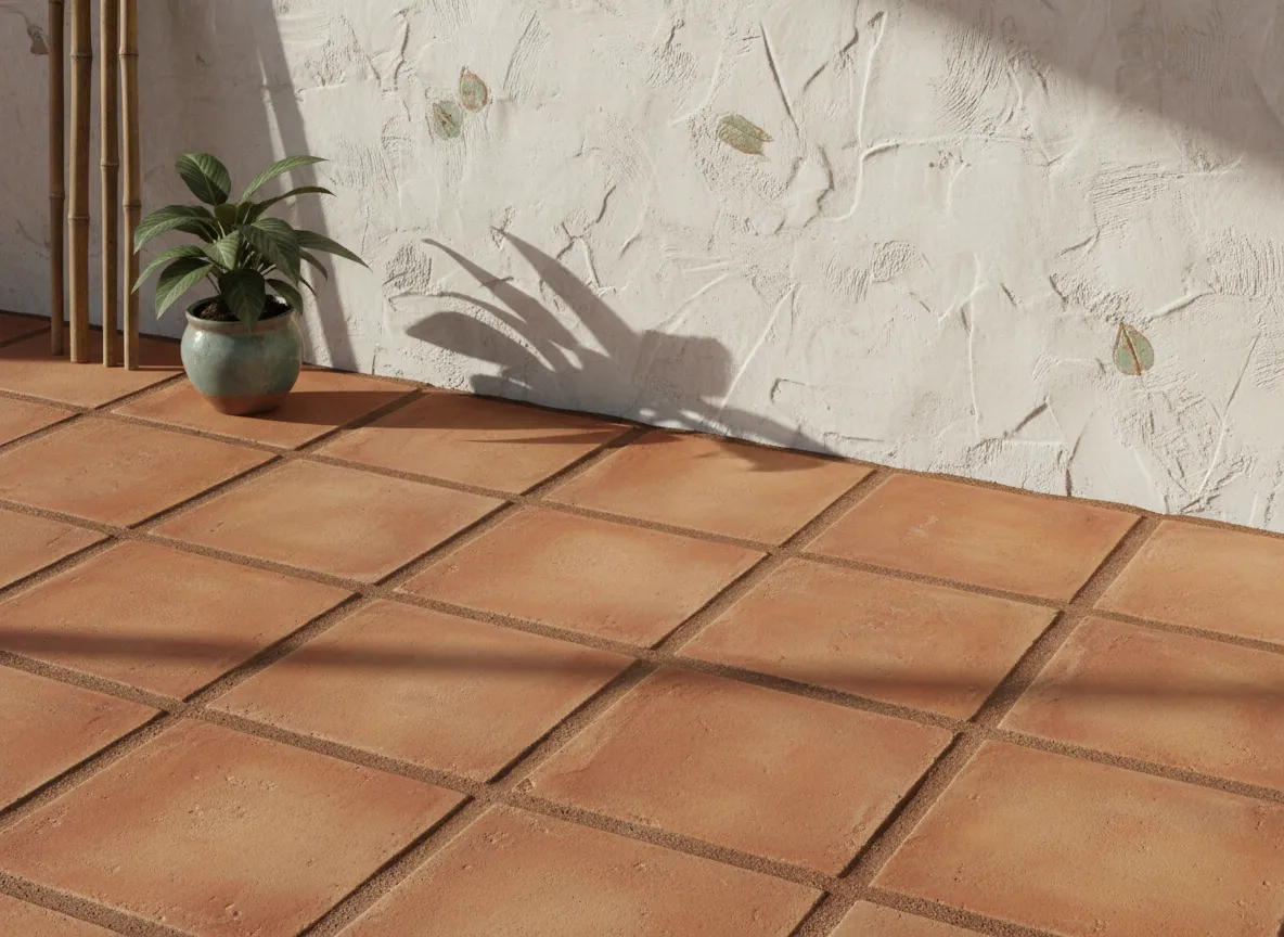 Rendering IA ravvicinato che si concentra sulla texture dettagliata delle piastrelle in terracotta e su una parete in gesso in uno stile di arredamento vietnamita moderno.