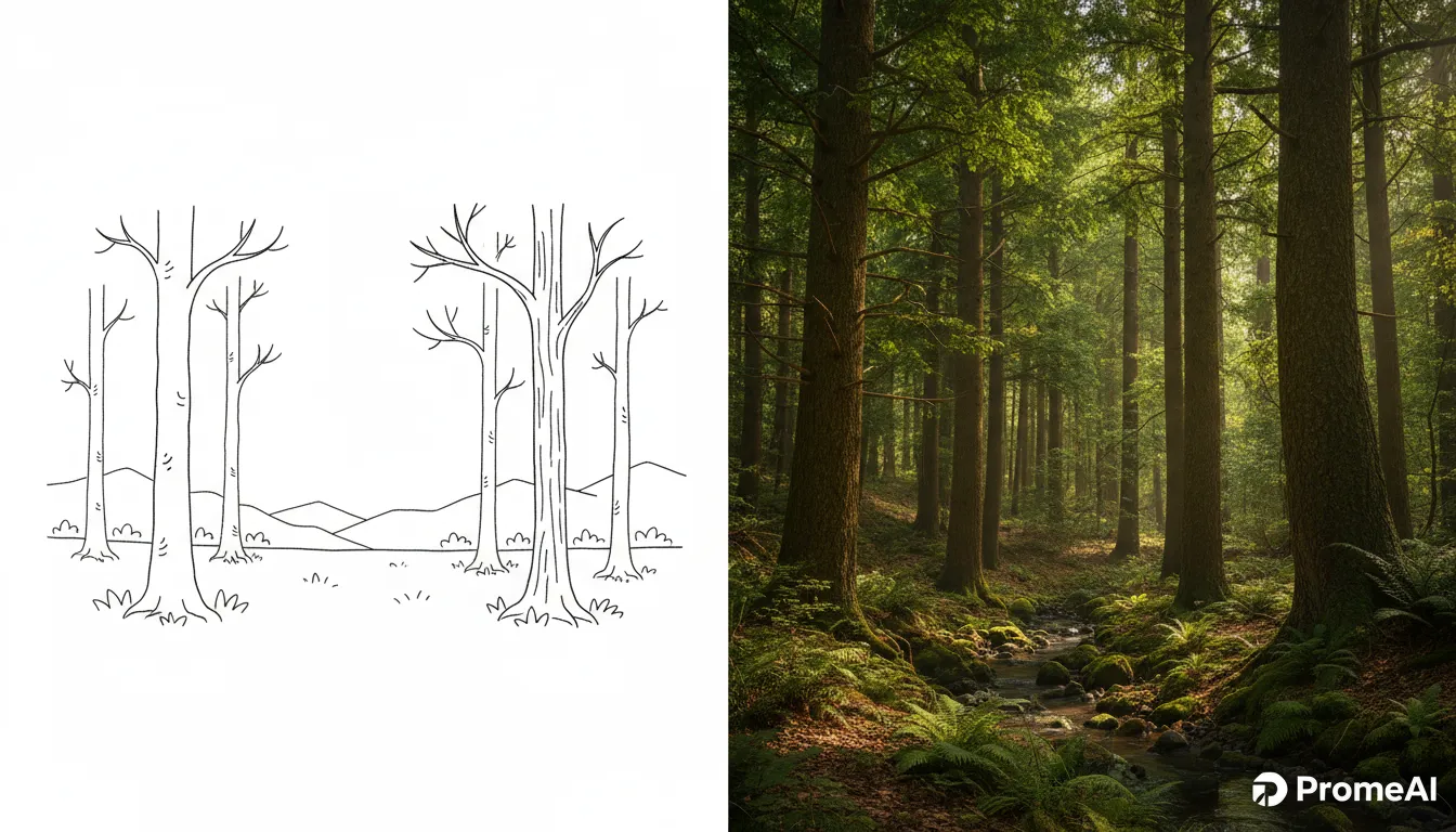 Ein direkter Vergleich, der links eine einfache Strichzeichnung eines Waldes und rechts ein fotorealistisches PromeAI-Rendering derselben üppigen Waldszene zeigt.
