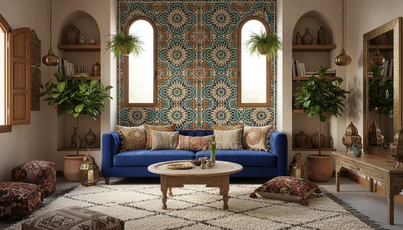Ein von PromeAI erstelltes fotorealistisches Rendering, das ein luxuriöses Wohnzimmer mit einer atemberaubenden marokkanischen Mosaik-Akzentwand und Dekor im Bohemian-Stil zeigt.