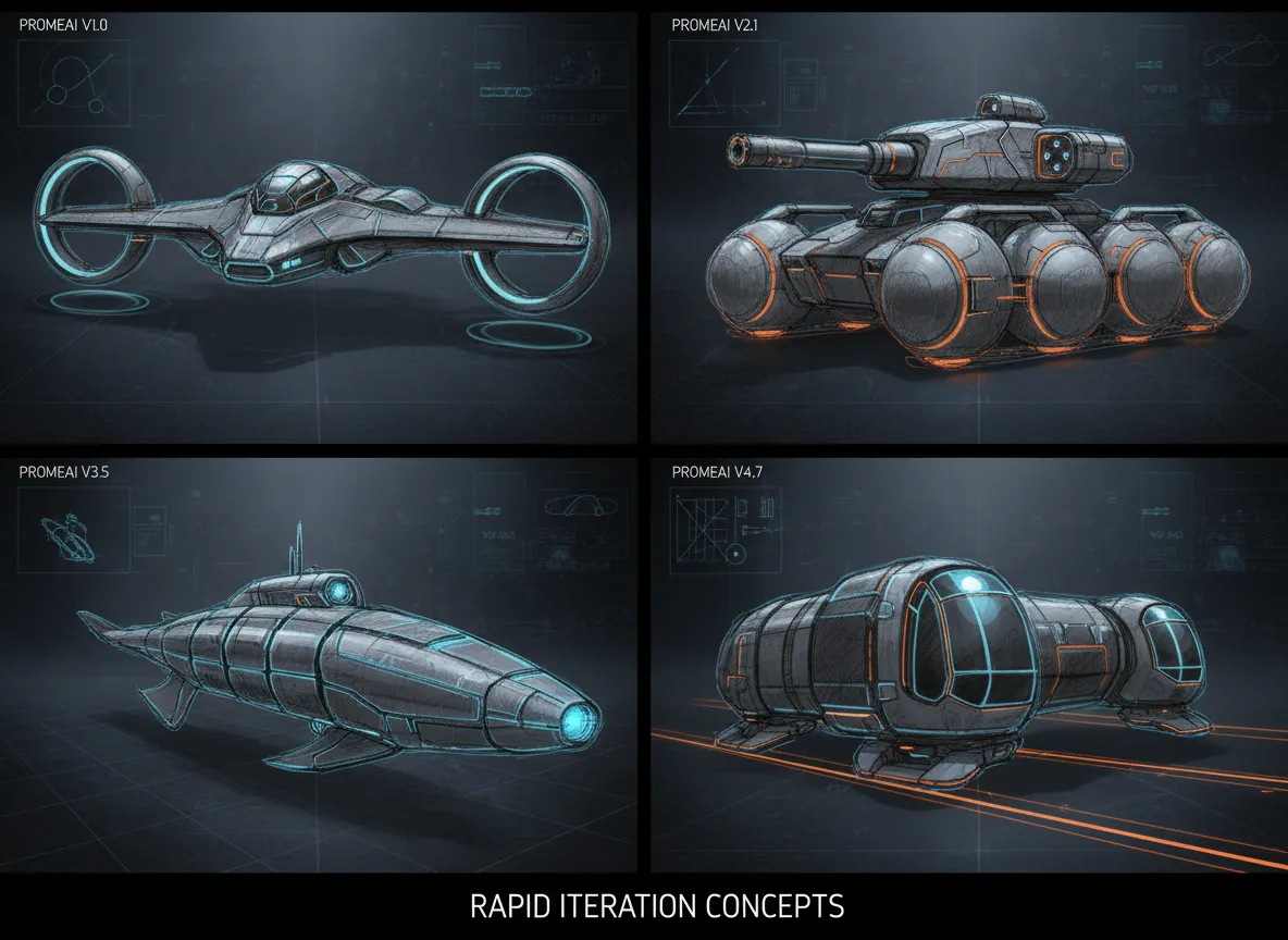 Eine Serie von vier symmetrischen Konzeptkunst-Skizzen für ein futuristisches Fahrzeug, die die schnellen Iterationsmöglichkeiten mit PromeAI zeigen.