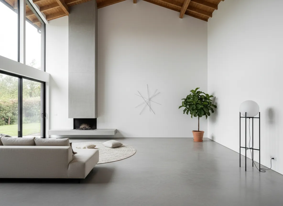 KI-Visualisierung eines offenen Wohnbereichs, die die effektive Nutzung des Negativraums für das Gleichgewicht hervorhebt.