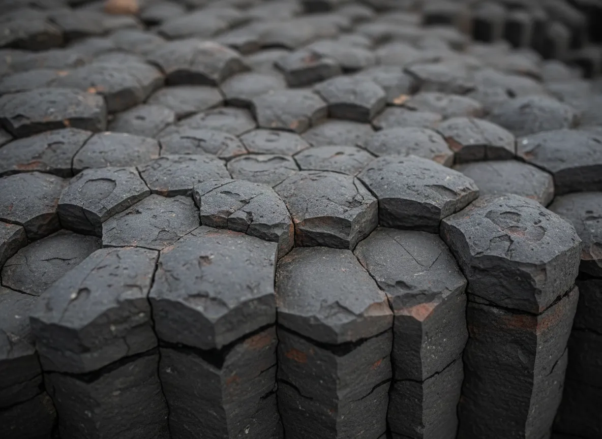 एक सीमलेस बेसाल्ट पैटर्न का क्लोज-अप दृश्य जहाँ बाएँ और दाएँ किनारे पूरी तरह से मिश्रित होते हैं, जो इसकी टाइल करने योग्य प्रकृति को दर्शाता है।