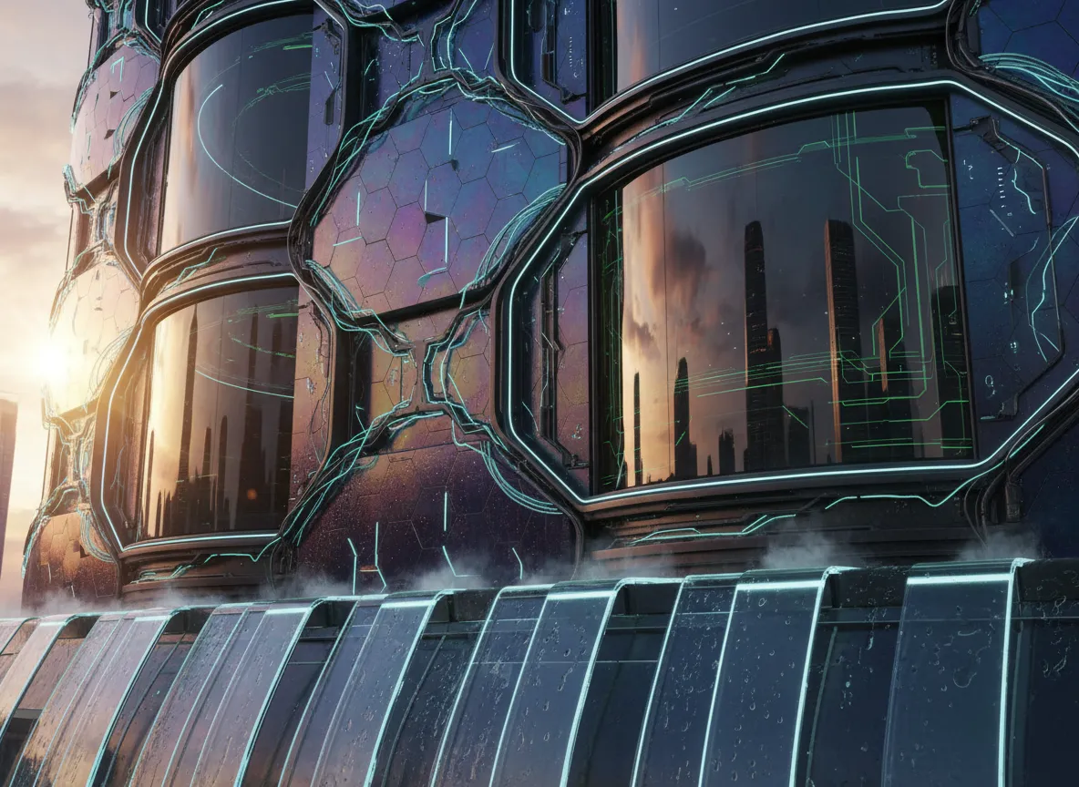 Eine hyperrealistische Nahaufnahme einer futuristischen Gebäudefassade, die detaillierte Materialien, Reflexionen und Lichteffekte zeigt.