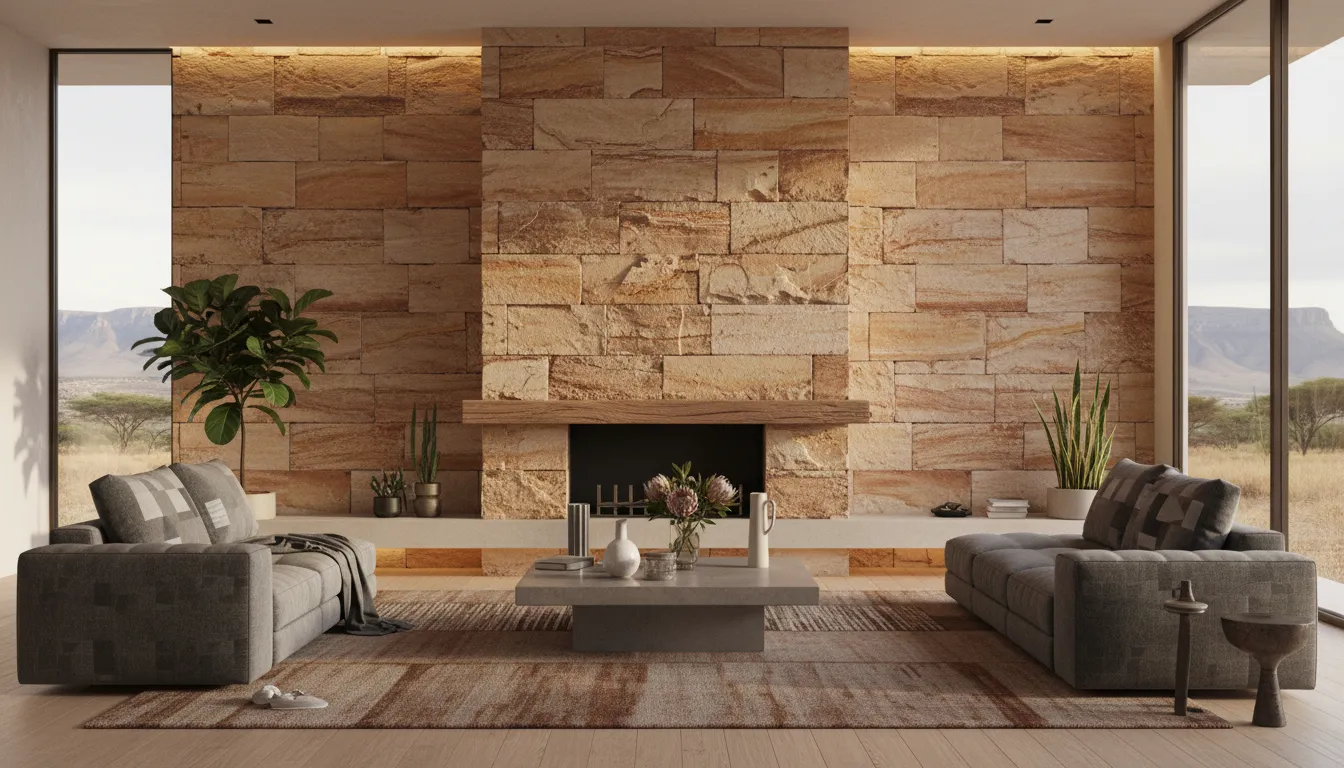 एक प्रमुख दक्षिण अफ़्रीकी सैंडस्टोन फ़ीचर दीवार वाले आधुनिक लिविंग रूम की फ़ोटो-यथार्थवादी AI रेंडरिंग।