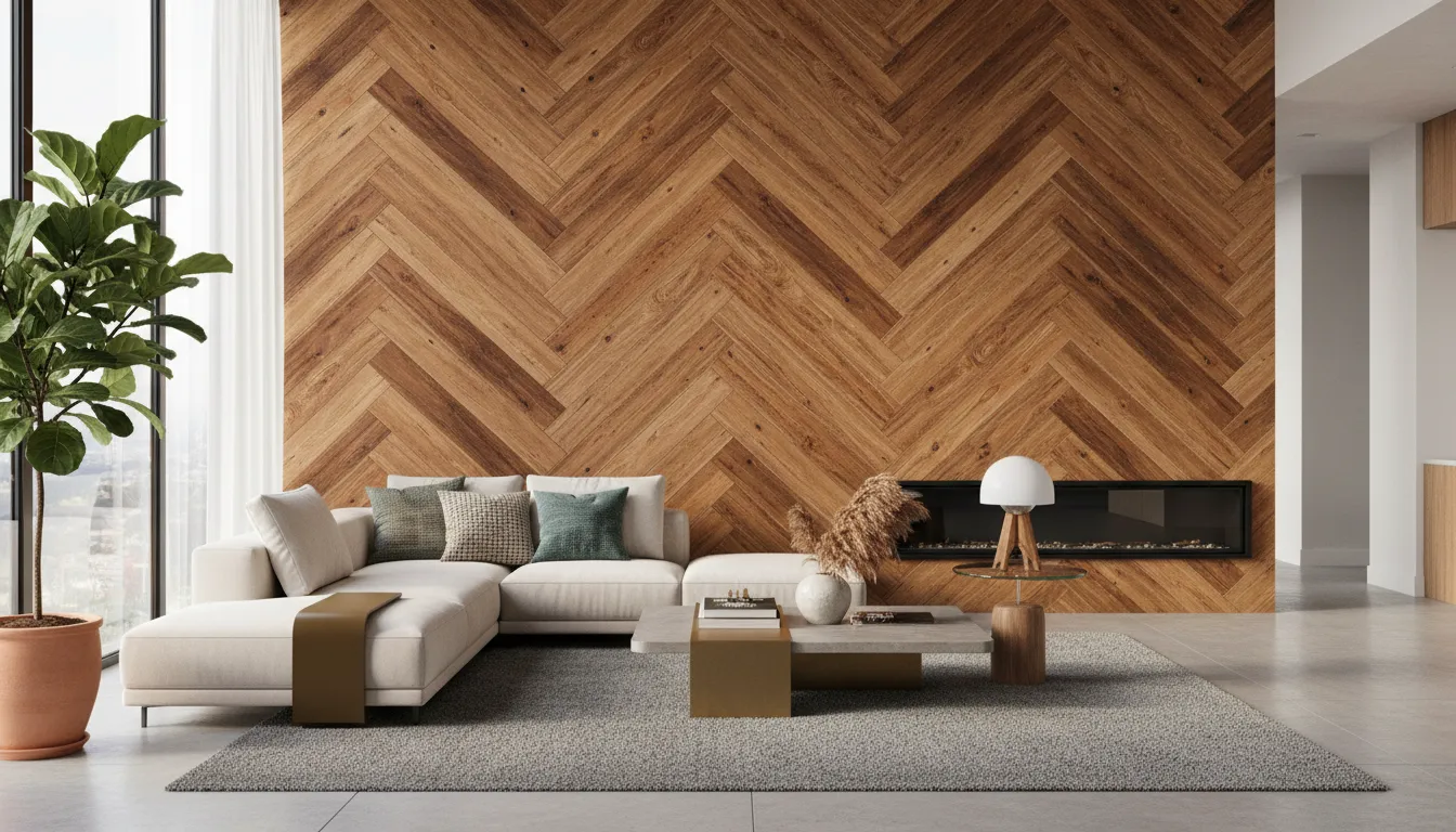 KI-generiertes fotorealistisches Rendering eines modernen Wohnzimmers mit einer Akzentwand aus brasilianischem Hartholz.