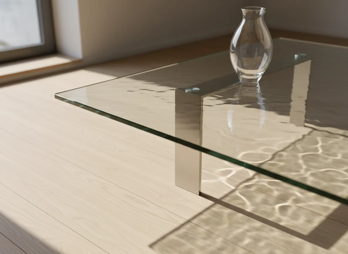 एक कांच के टेबलटॉप का क्लोज-अप रेंडर जो कॉस्टिक रेंडरिंग प्रभाव को प्रदर्शित करता है, जिसमें प्रकाश गुजरता है और फर्श पर पैटर्न बनाता है।