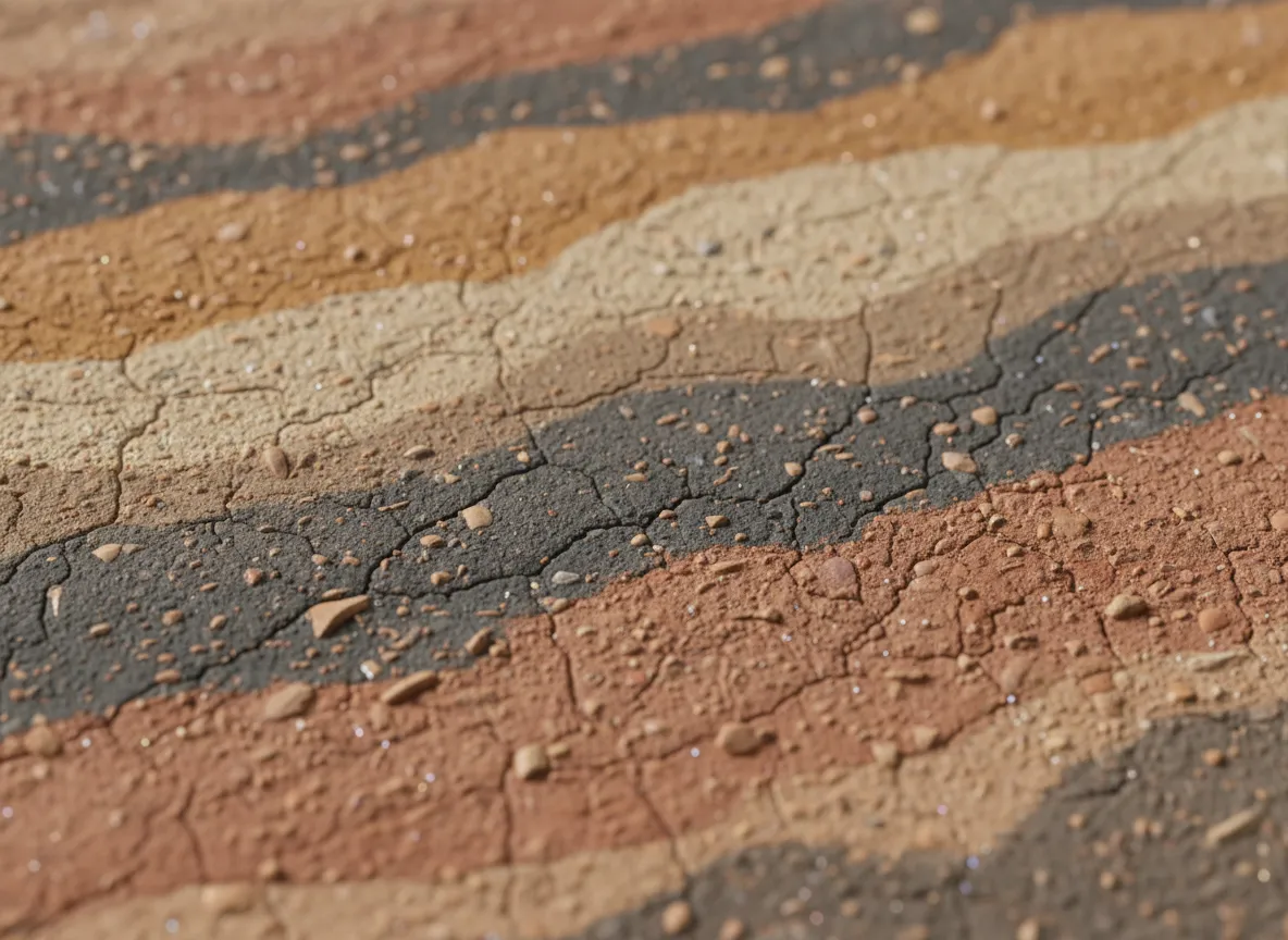 Makroaufnahme einer KI-generierten, nahtlosen Stampflehmtextur, die die detaillierten Schichten und organischen Muster hervorhebt.