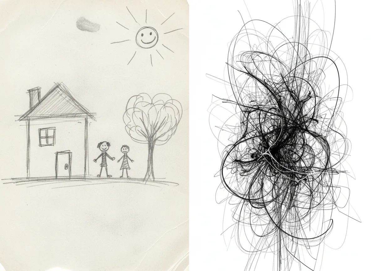 साथ-साथ तुलना, जिसमें बाईं ओर एक साधारण हाथ से बनाया गया स्केच और दाईं ओर एक विस्तृत सार रेखा रेंडरिंग दिखाई गई है।