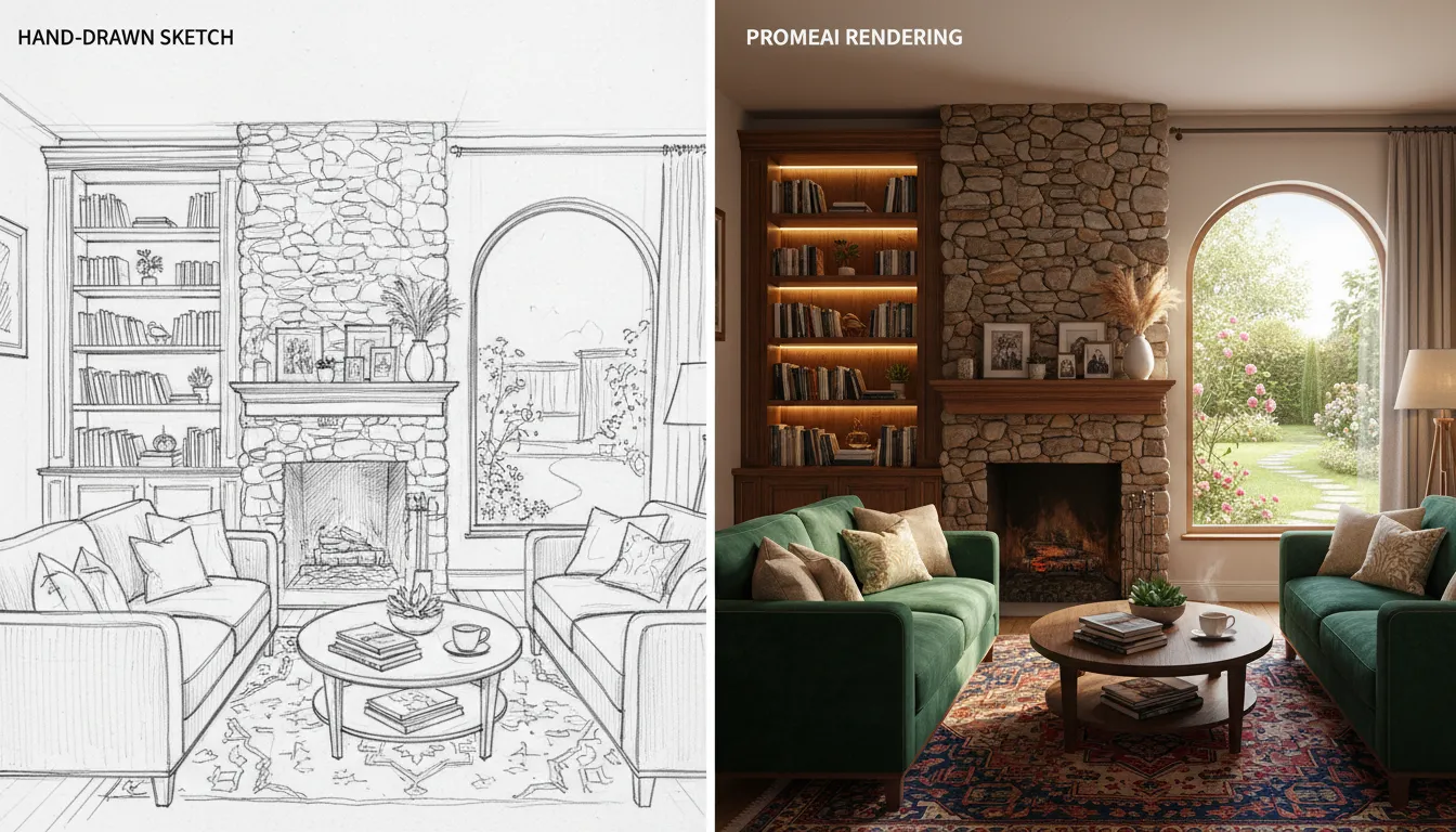 एक लिविंग रूम के हाथ से बनाए गए इंटीरियर स्केच और PromeAI द्वारा बनाए गए उसी कमरे के एक फोटोरीयलिस्टिक, पूरी तरह से सुसज्जित रेंडरिंग की साथ-साथ तुलना।