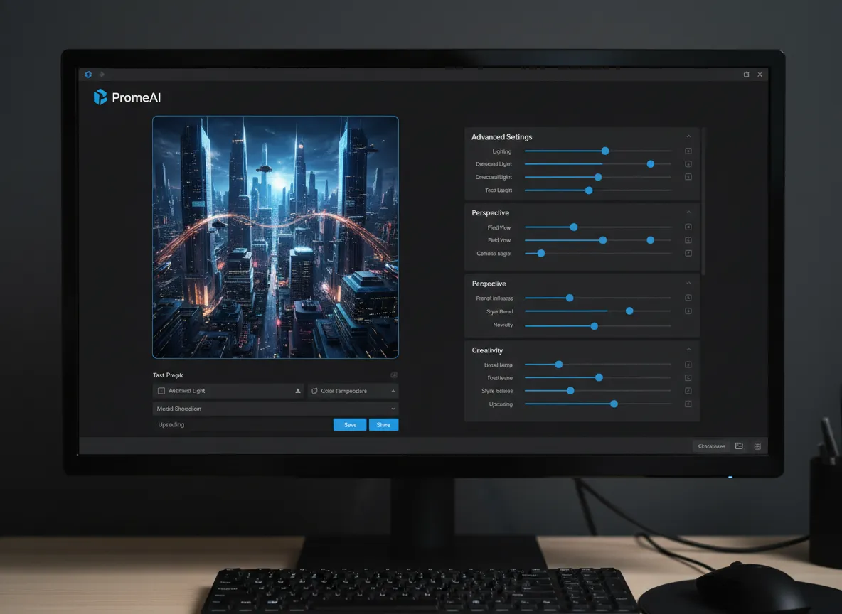 PromeAI इंटरफ़ेस का स्क्रीनशॉट जिसमें एक भविष्योन्मुखी शहर के लिए प्रकाश, परिप्रेक्ष्य, और रचनात्मकता स्लाइडर्स जैसी उन्नत सेटिंग्स दिखाई गई हैं।