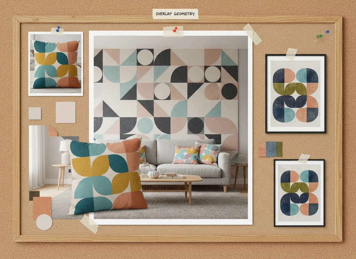 एक मूड बोर्ड जो एक सुसंगत कमरे के डिज़ाइन के भीतर एक फ़ीचर दीवार, एक थ्रो पिलो, और कला के एक फ़्रेम किए गए टुकड़े पर लागू एक ज्यामितीय ओवरलैप पैटर्न दिखाता है।