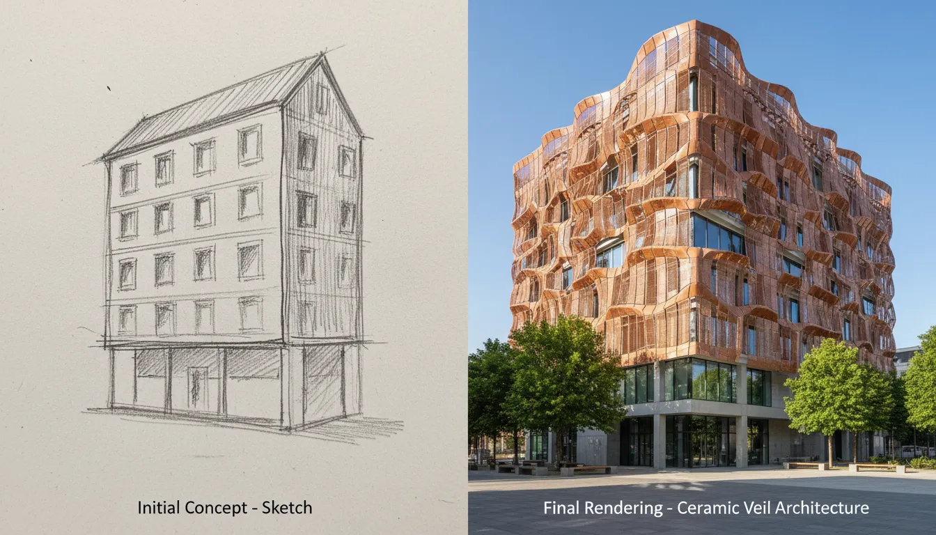 Gegenüberstellung einer einfachen handgezeichneten Skizze einer Gebäudefassade und ihres fotorealistischen Renderings als modernes Gebäude mit einem aufwendigen Keramikschleier.