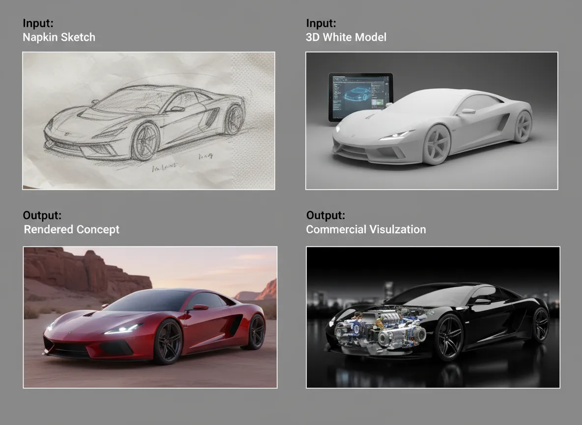 एक ग्रिड जिसमें विभिन्न इनपुट प्रकार दिखाए गए हैं—एक नैपकिन स्केच, एक CAD ड्रॉइंग, और एक 3D व्हाइट मॉडल—ये सभी उच्च-गुणवत्ता वाले रेंडर्ड आउटपुट की ओर ले जाते हैं।