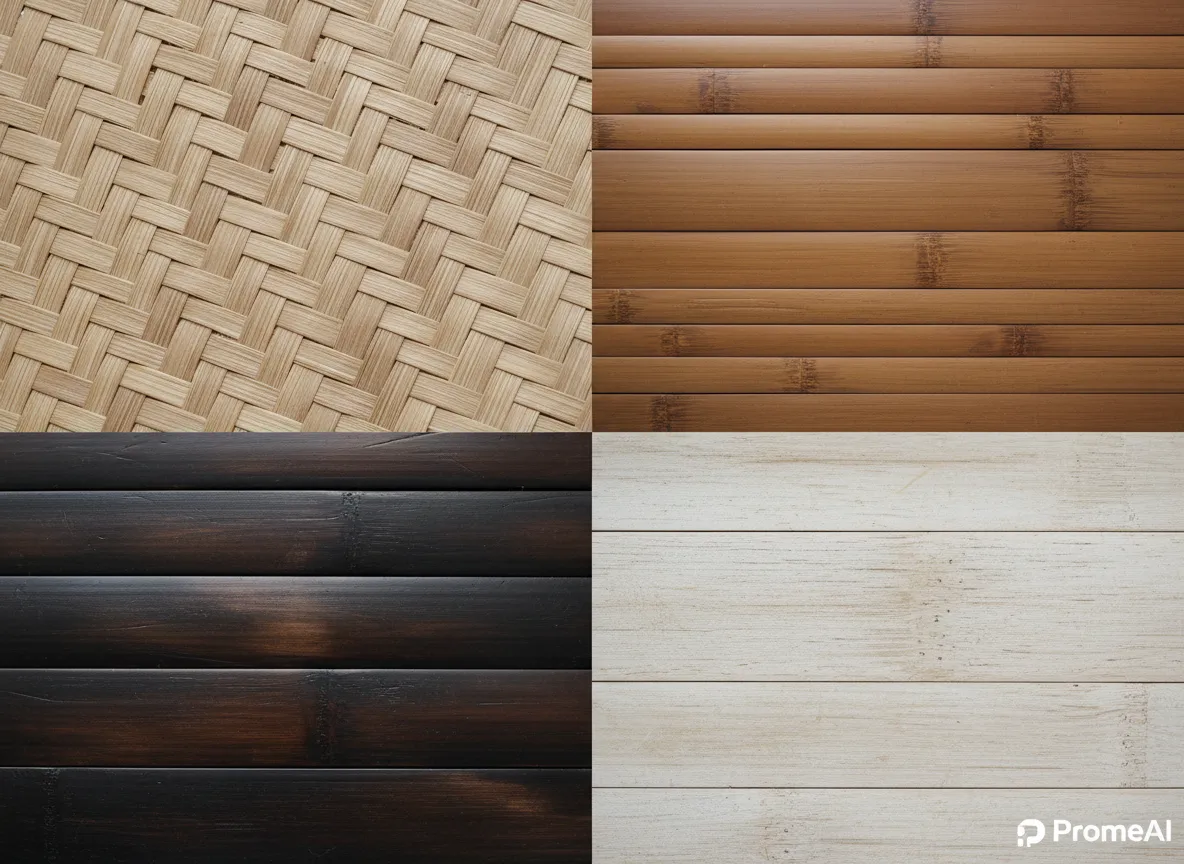 चार अलग-अलग बांस बनावट विविधताओं का एक ग्रिड, जिसमें बुने हुए, प्लैंक, गहरे और हल्के स्टाइल शामिल हैं, सभी PromeAI के साथ बनाए गए हैं।