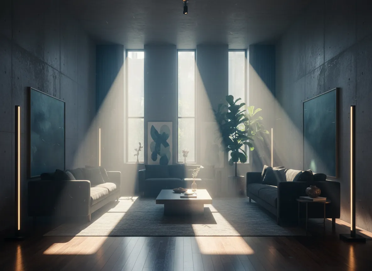 Ein Innenarchitekturkonzept, das eine stimmungsvolle, atmosphärische Beleuchtung mit sichtbaren Lichtstrahlen zeigt und volumetrische Beleuchtung demonstriert.