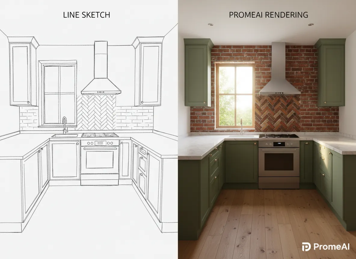 Confronto affiancato che mostra uno schizzo lineare di base di una cucina e il rendering risultante di PromeAI con un dettagliato paraschizzi in mattoni.