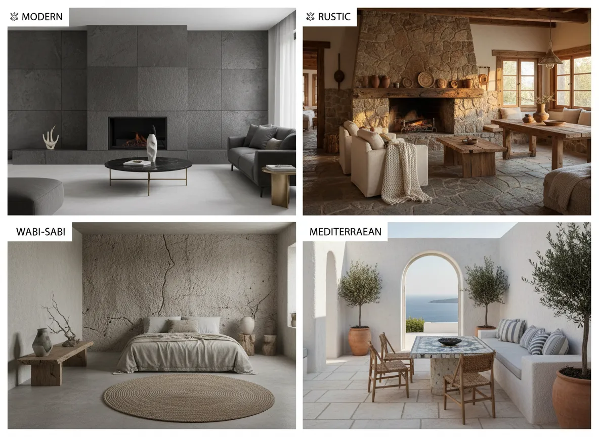 Eine Collage aus vier verschiedenen Einrichtungsstilen – modern, rustikal, Wabi-Sabi und mediterran – alle mit Elementen aus griechischem Vulkanstein.