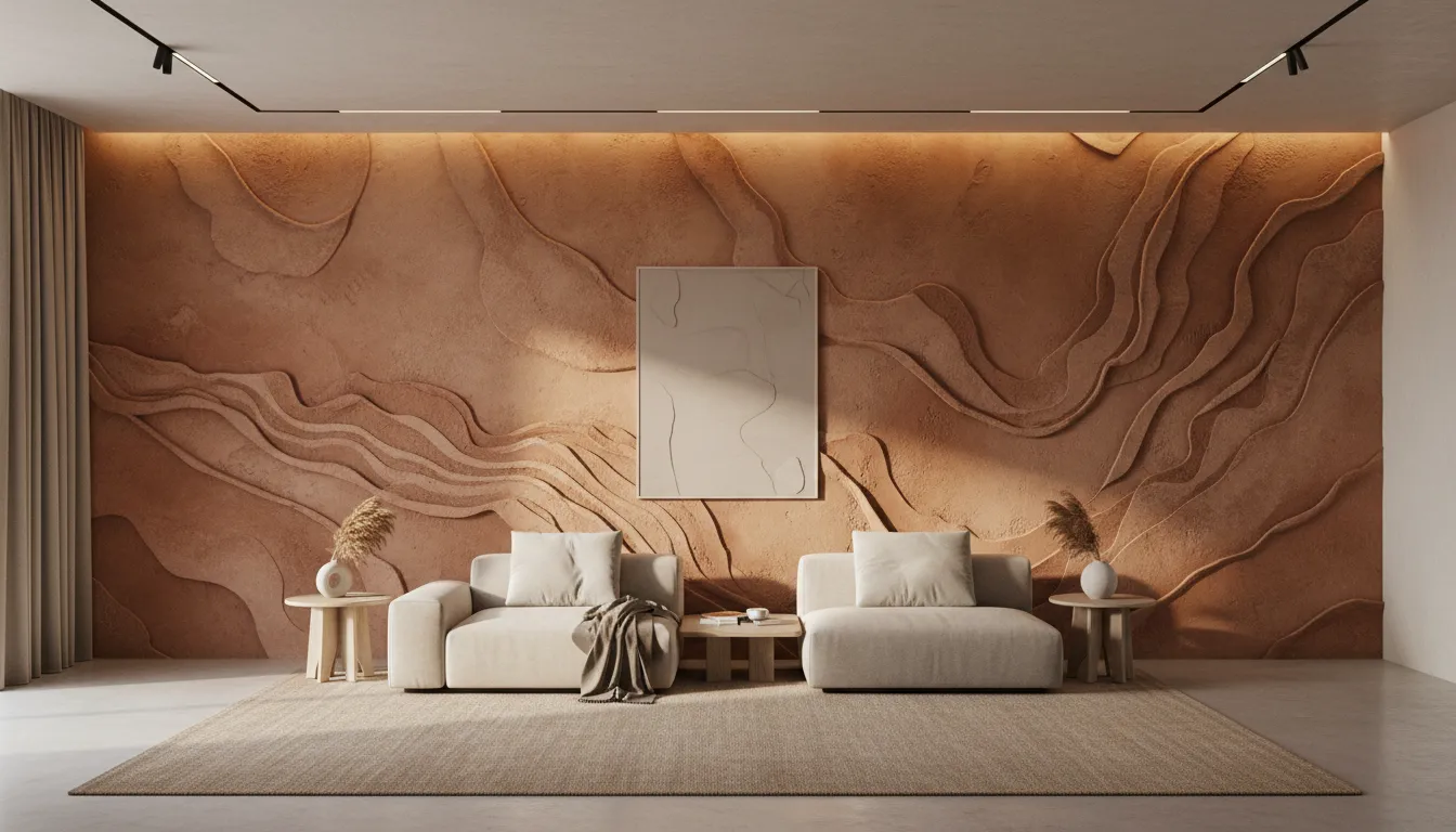 PromeAI द्वारा बनाई गई एक विस्तृत, गर्म-टोन वाली मिट्टी की बनावट वाली फीचर दीवार के साथ एक न्यूनतम लिविंग रूम का फ़ोटो-यथार्थवादी रेंडरिंग।