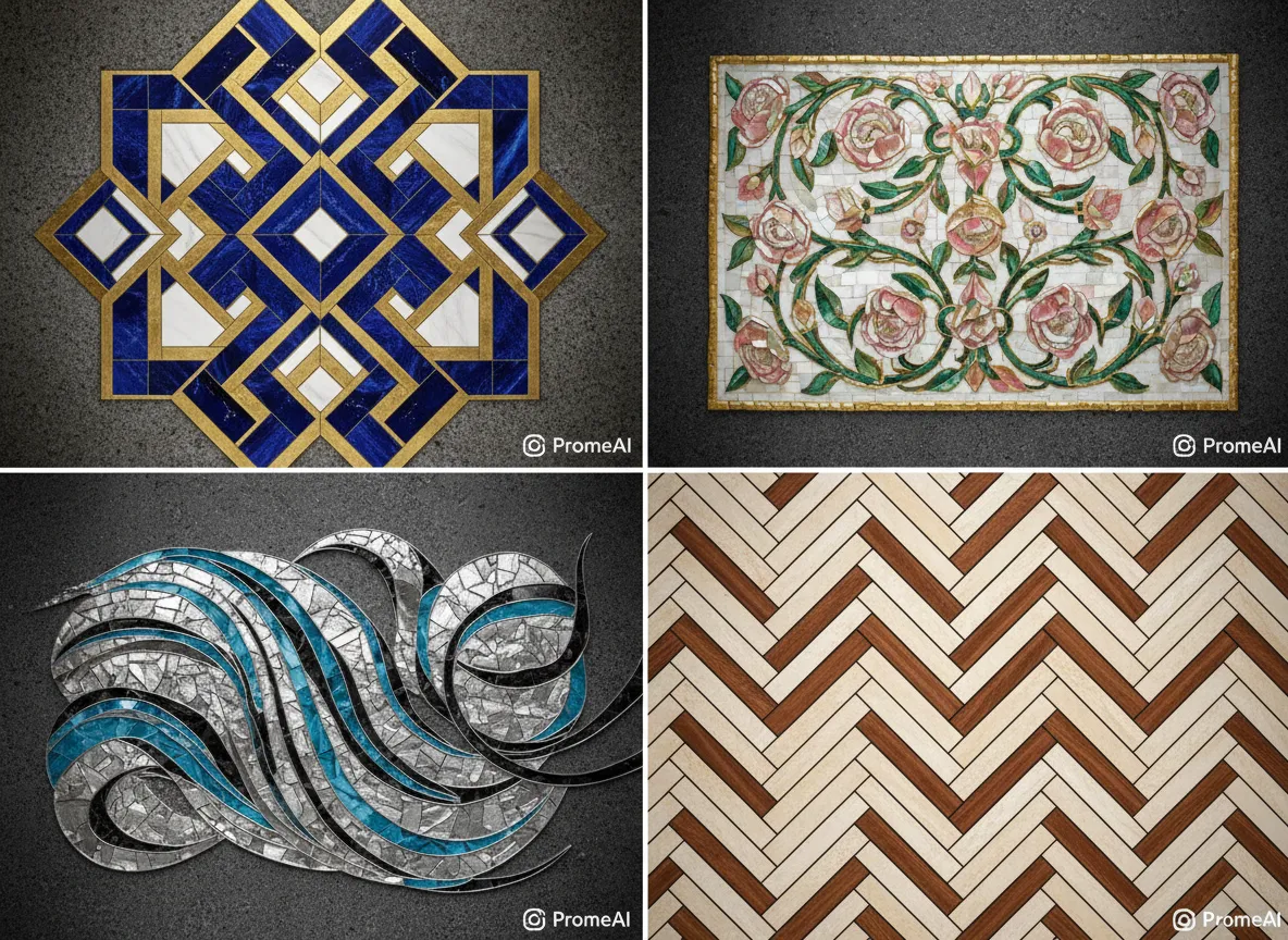 चार अलग-अलग लक्जरी मोज़ेक टाइल डिज़ाइनों का एक ग्रिड कोलाज—ज्यामितीय, पुष्प, अमूर्त, और हेरिंगबोन—सभी एक ही प्रॉम्प्ट से PromeAI द्वारा उत्पन्न किए गए।