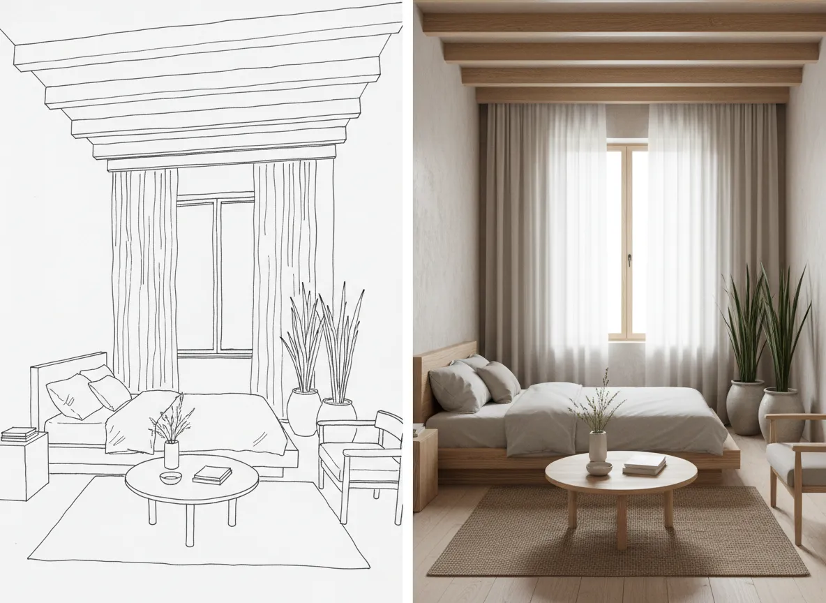 Gegenüberstellung einer einfachen Strichzeichnung eines Raumes und eines vollständig gerenderten Interieurs im Japandi-Stil.